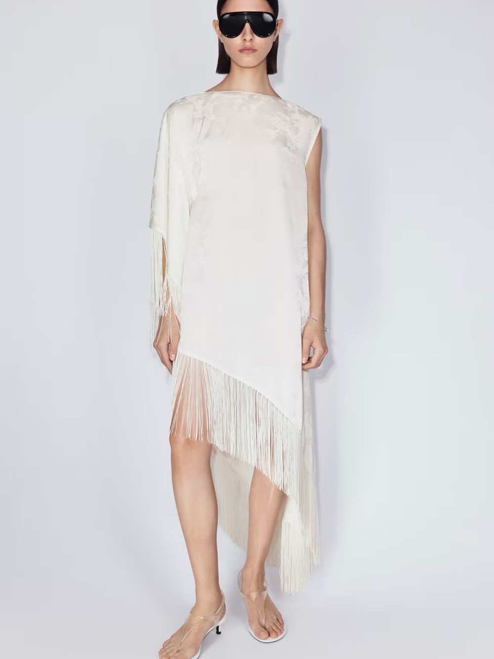 NWT H&M Fringed One Shoulder Sleeve Kaftan Midi Dress Large (cream)